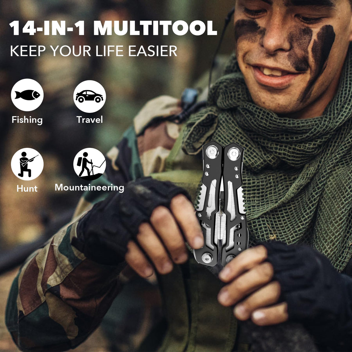 14-In-1 Multitool with Safety Locking, Professional Stainless Steel Multitool Pliers Pocket Knife, Bottle Opener, Screwdriver with Nylon Sheath ,Apply to Survival,Camping, Hunting and Hiking fangfo