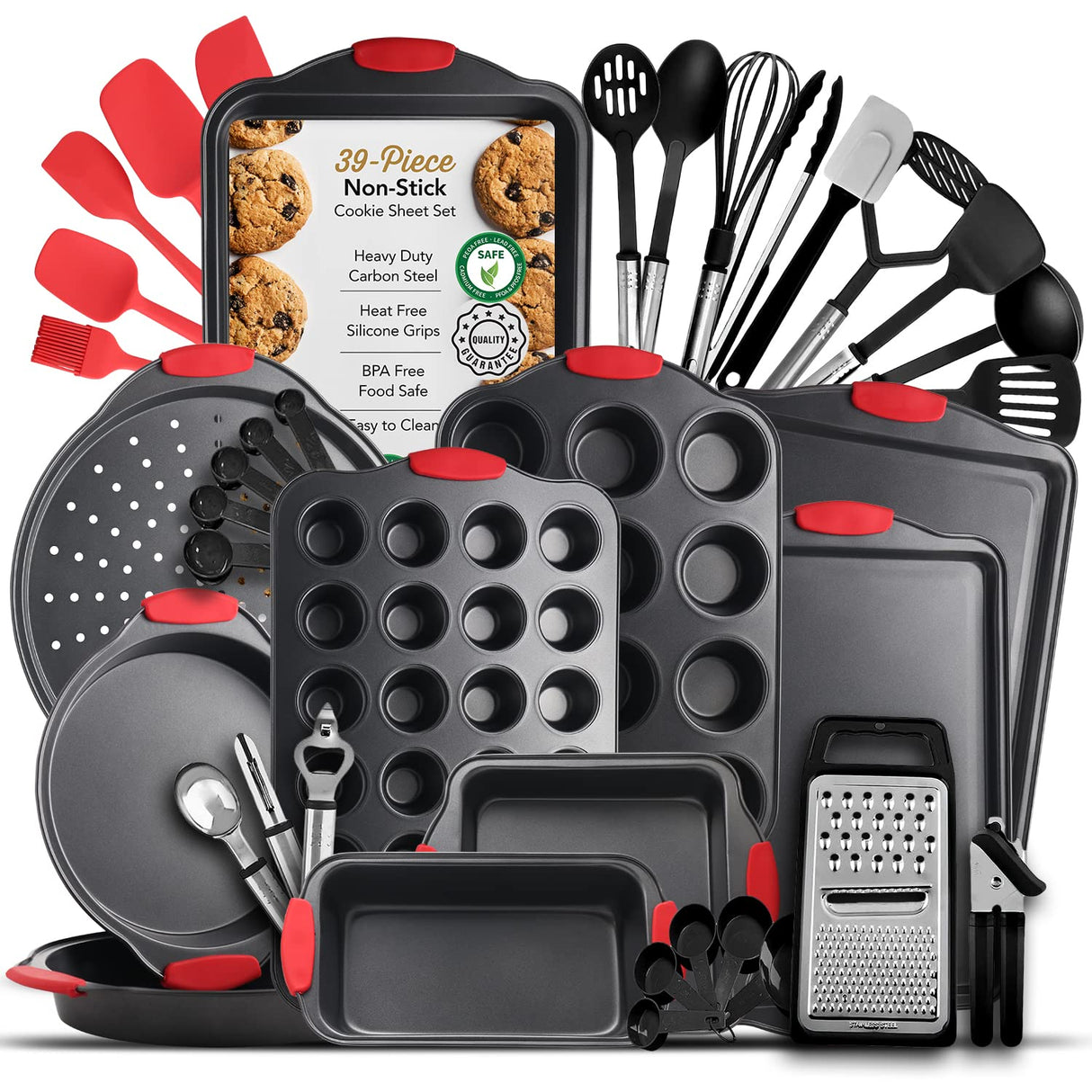 Baking Pan Set, 39 Piece Premium Baking Set, Nonstick Bakeware Sets BPA Free, Cookie Sheets for Baking Nonstick Set, Steel Baking Sheets for Oven with Muffin Pan, Cake Pan & Kitchen Utensils - Black EATEX