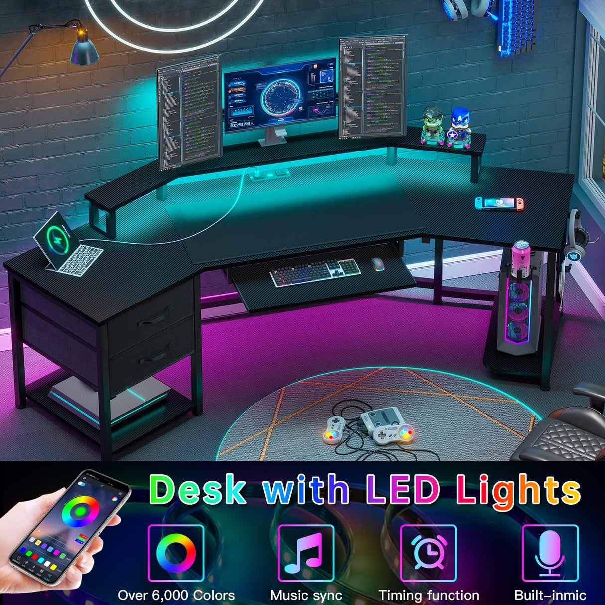 SEDETA 79" Gaming Desk, Computer Desk with 2 Fabric Drawers & LED Light, L Shaped Gaming Desk with Storage Shelf for Home Office, Carbon Fiber Black SEDETA