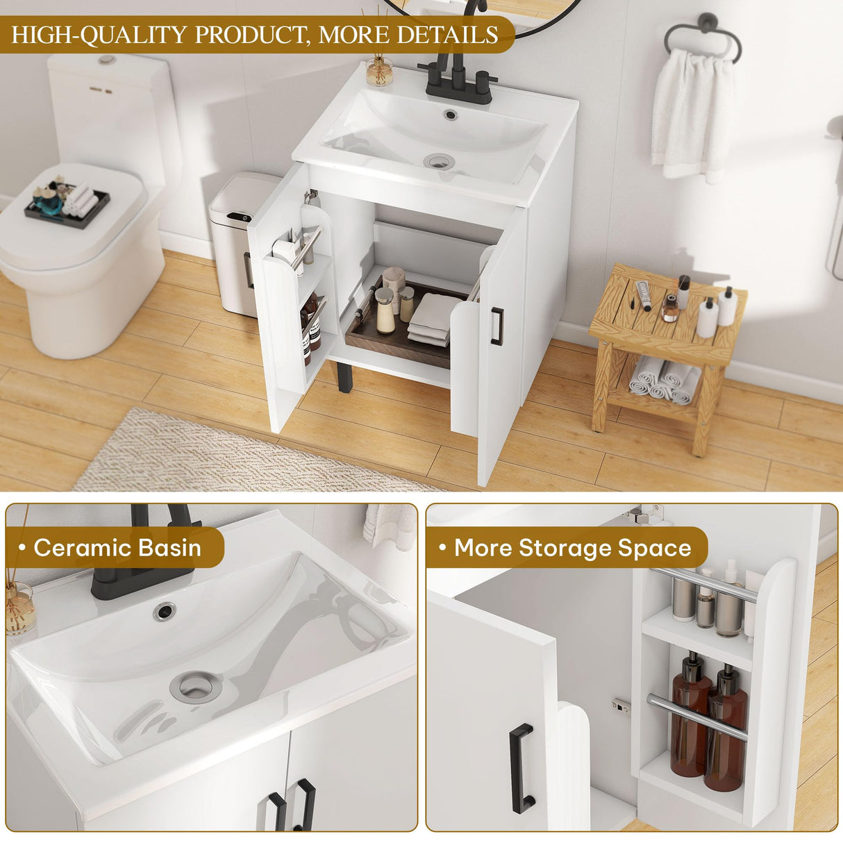 YITAHOME 24 Inch Bathroom Vanity with Ceramic Sink, Modern Freestanding Bathroom Cabinet Vanity for Small Space, Soft Closing Doors with 2 Built-in Shelves, White YITAHOME
