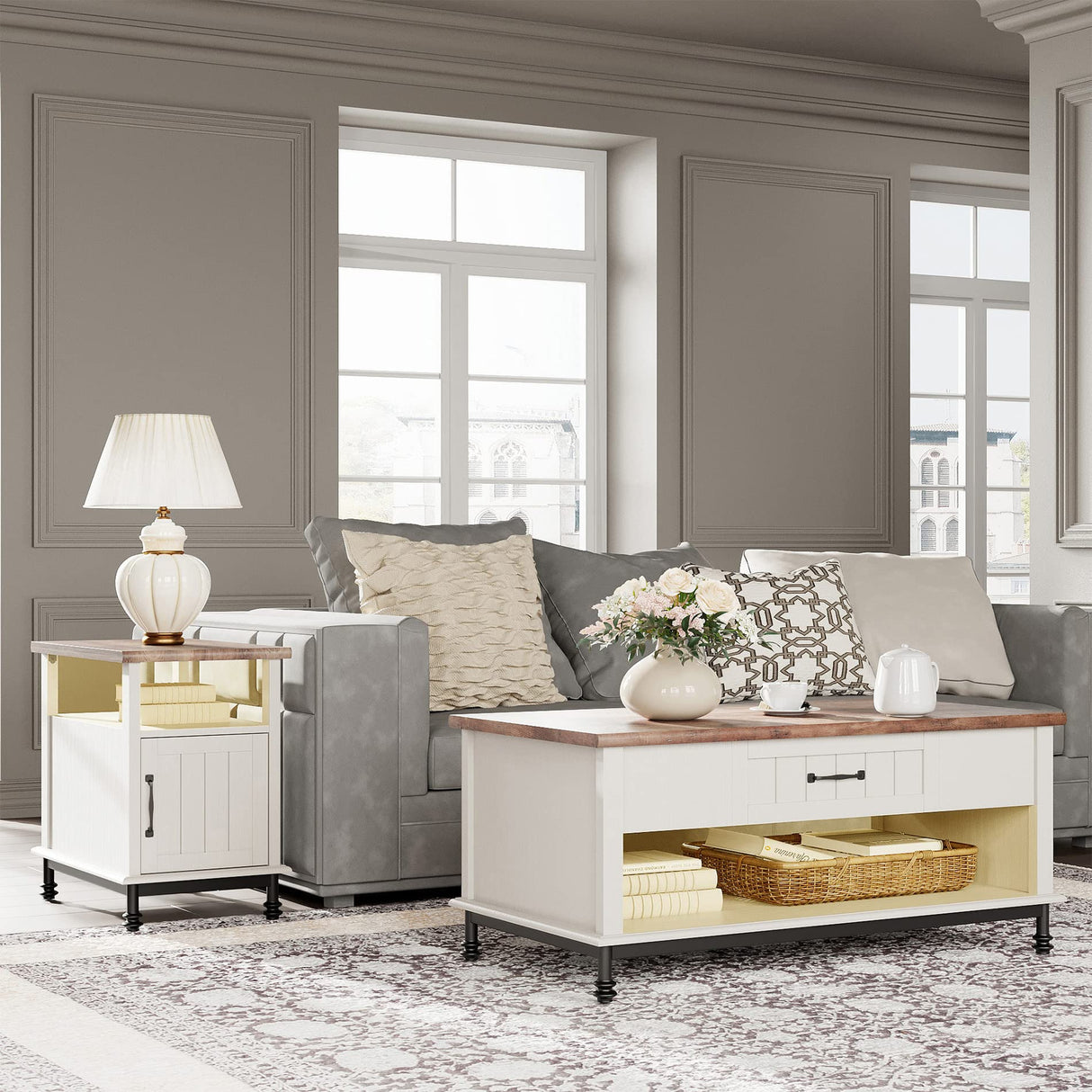 WAMPAT Farmhouse Coffee Table, with Yellow LED Lights, Large Rectangle Center Table with 1 Drawers and Open Storage Shelf for Living Room, 42", White/Oak, WAMPAT