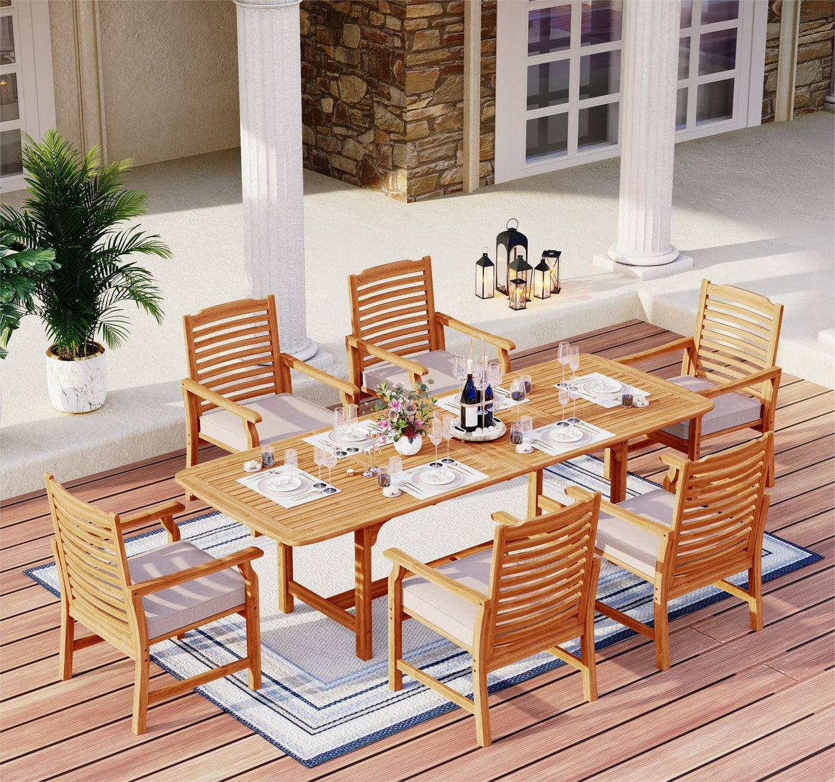 MFSTUDIO 2 Pieces Acacia Wood Patio Dining Chairs, Natural Oil Finished Outdoor Dining Chair Set of 2, Slat Back Patio Dining Chair with Removable Cushion for Garden, Backyard MFSTUDIO