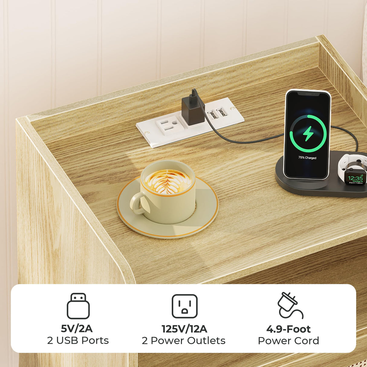 SUPERJARE Nightstands Set of 2, Night stands with Charging Station & PE Rattan Decor Drawer, Bed Side Tables with Solid Wood Feet, End Table, for Bedroom, Living Room - Natural SUPERJARE