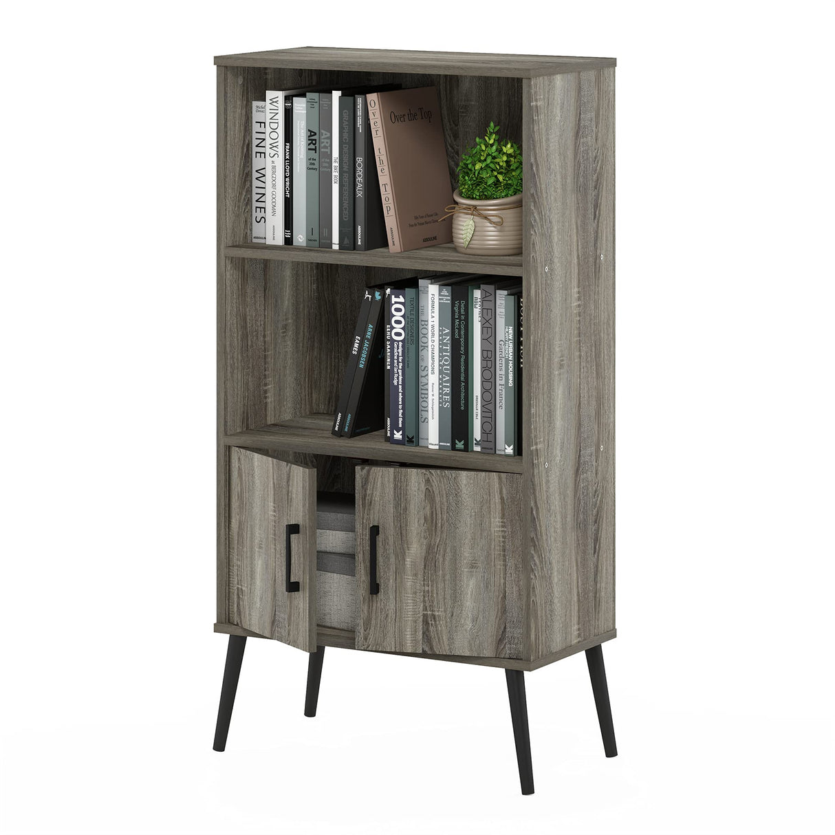 Furinno Claude Mid Century Style Accent Wooden Leg Bookcase Cabinet with Storage Organizer Shelves, French Oak Grey Furinno