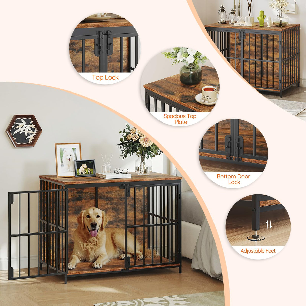 HOOBRO 38.6" Dog Crate Furniture, Wooden Indoor Dog Kennel, Decorative Dog Crate End Table, Chew-Resistant Heavy Duty Dog Crate for Small/Medium Dog, Rustic Brown and Black BF100GW03 HOOBRO