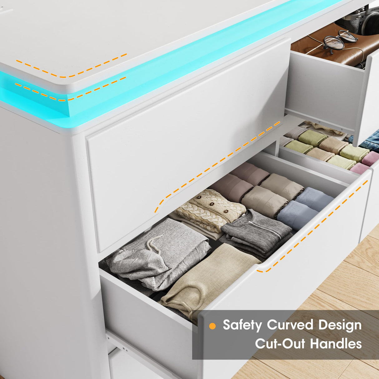 Fameill White Dresser for Bedroom, 6 Drawer Dresser with LED Lights, Modern Dresser Organizer with Charging Station, Double Wide Chest of Drawers for Living Room, Entryway Fameill