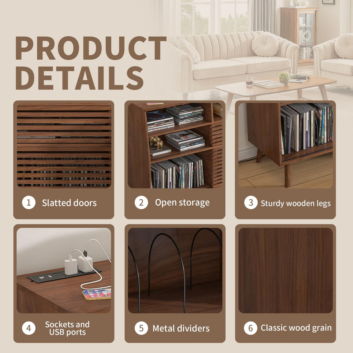 Jluomei Large Record Player Stand, Mid-Century Turntable Stand with Doors and Charging Station Record Player Table Holds Up to 450 Albums Vinyl Storage Display Shelf for Living Room, Walnut Jluomei