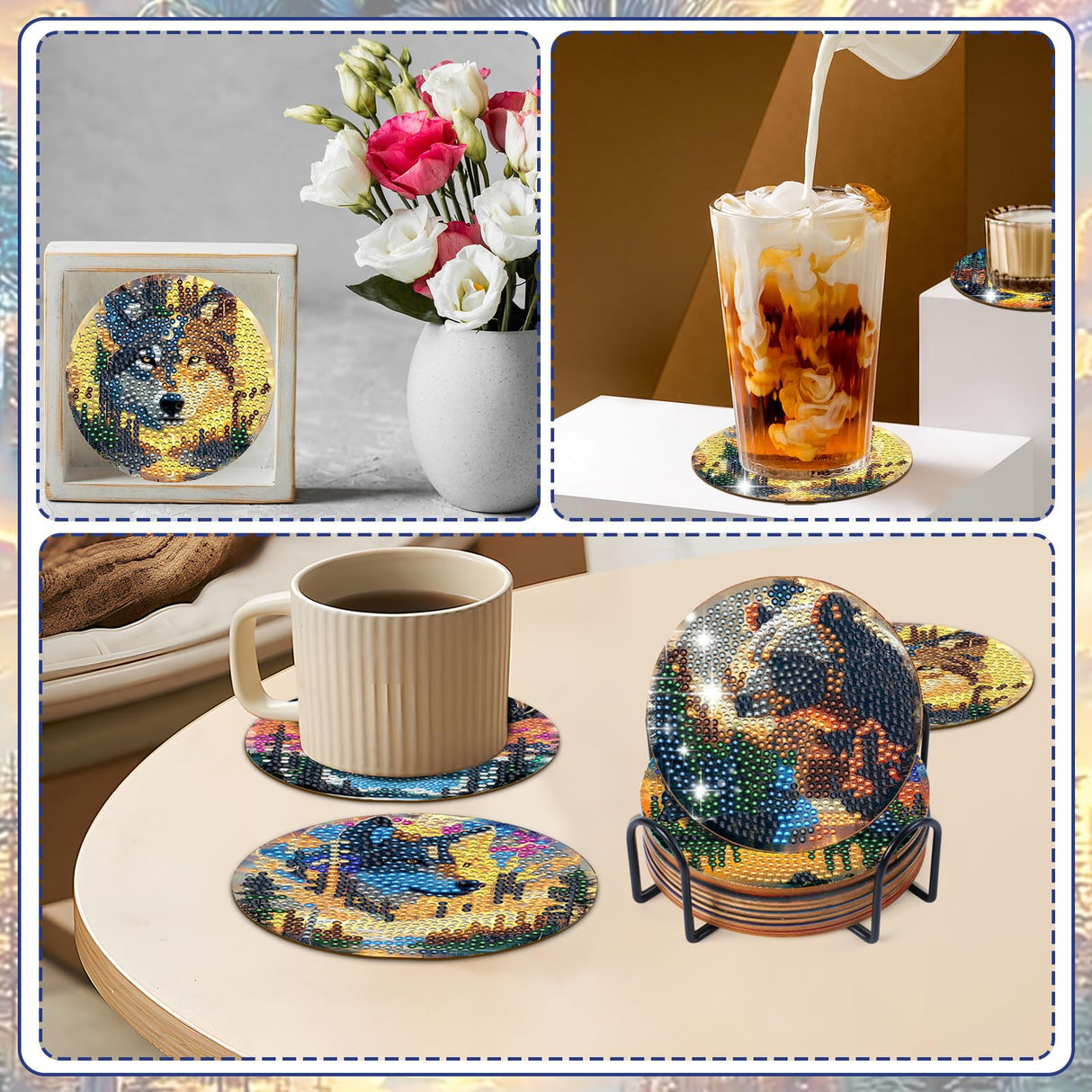 Sitsink Wolf Diamond Art Coasters - 8 Pcs DIY Wolf Eagle Deer Forest Landscape Adult Diamond Painting Coasters Kits with Holder for Adults Men Women Beginners Aniaml Lover Gift Crafts Supplies Sitsink