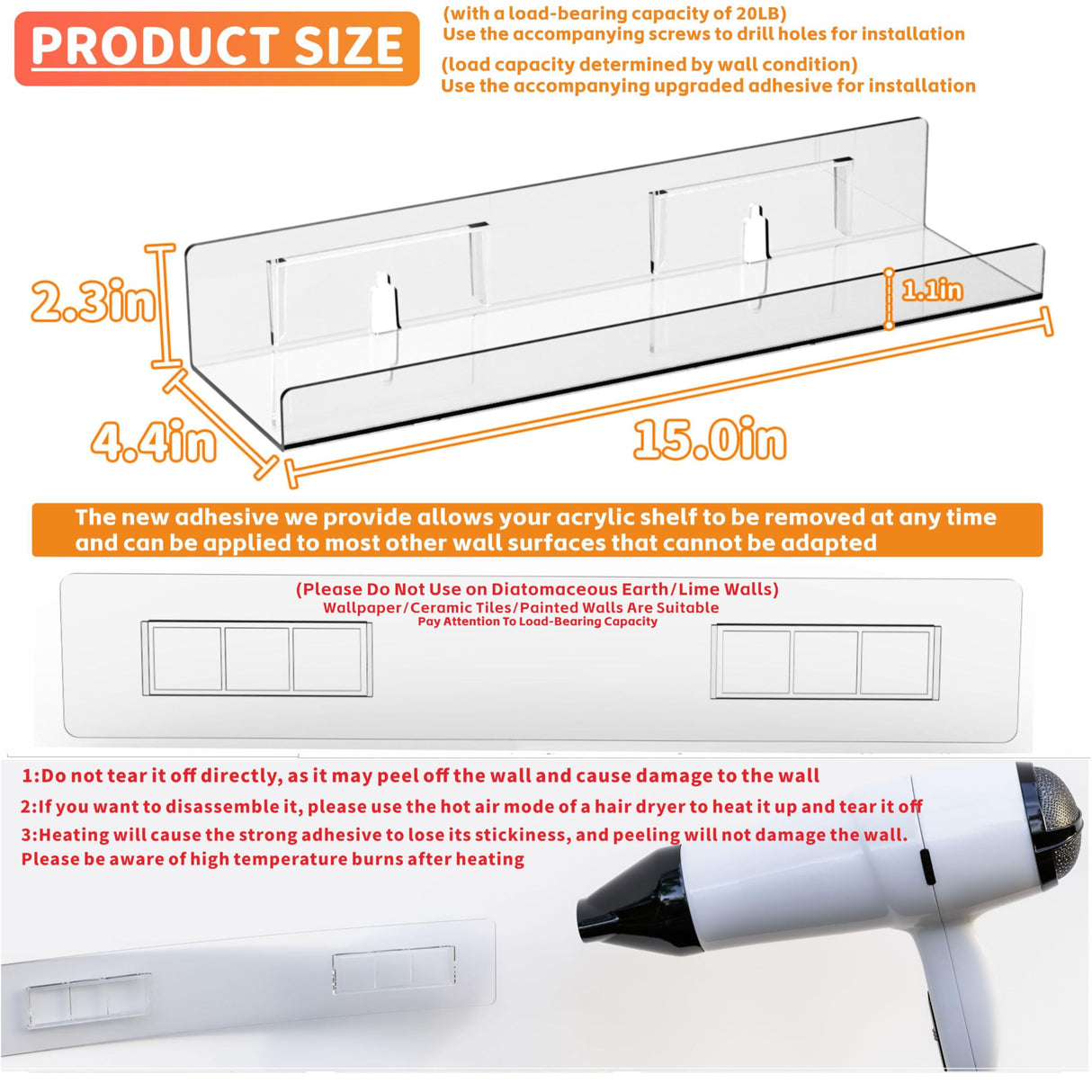 Yieach 4 Pack Acrylic Shelves for Wall Storage,No Drilling Adhesive Shelves,Clear Stick On Bathroom Wall Shelf Organizers,Plastic Floating Shelves for Perfume,Funko,Lego,Skincare,Bookshelf for Kids Yieach