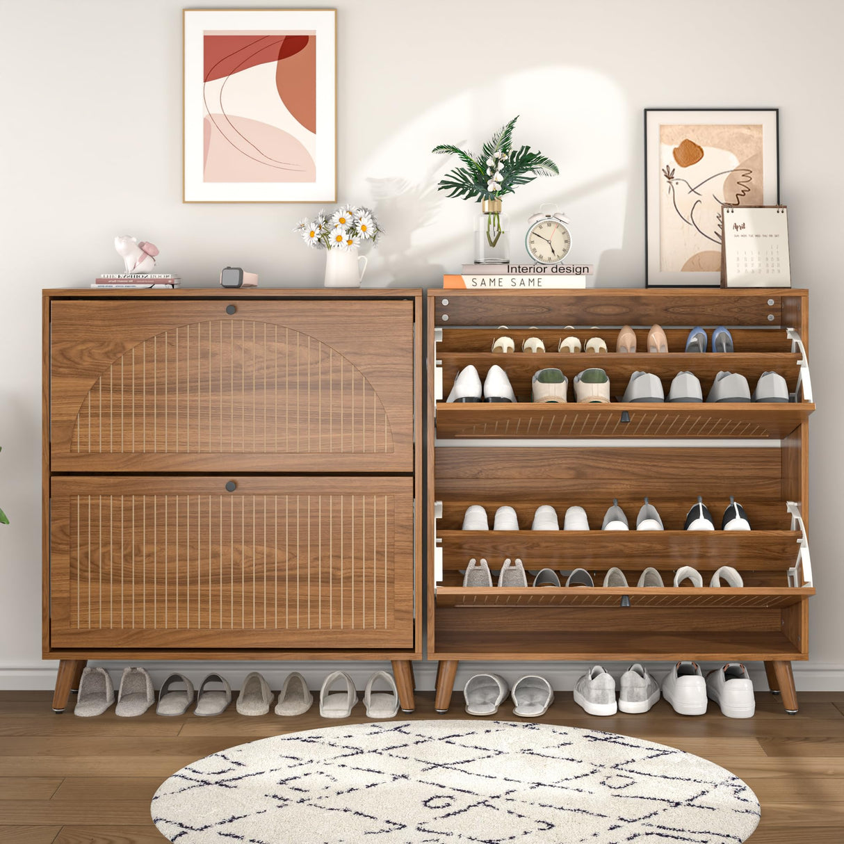 Fsbecl Shoe Storage Cabinet for Entryway with 2 Flip Drawers, Narrow Wood Shoe Cabinet with Fluted Panel, Freestanding Hidden Shoe Organizer for Foyer, Hallway (Walnut) Fsbecl