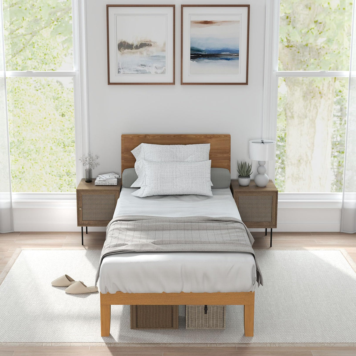 Sweetcrispy Solid Wood Bed Frame, Twin Size Bed Base with Wood Slat Support, Sturdy, Stylish & Noise-Free Design, No Box Spring Needed, Easy Assembly, 12 in Natural Pine Sweetcrispy