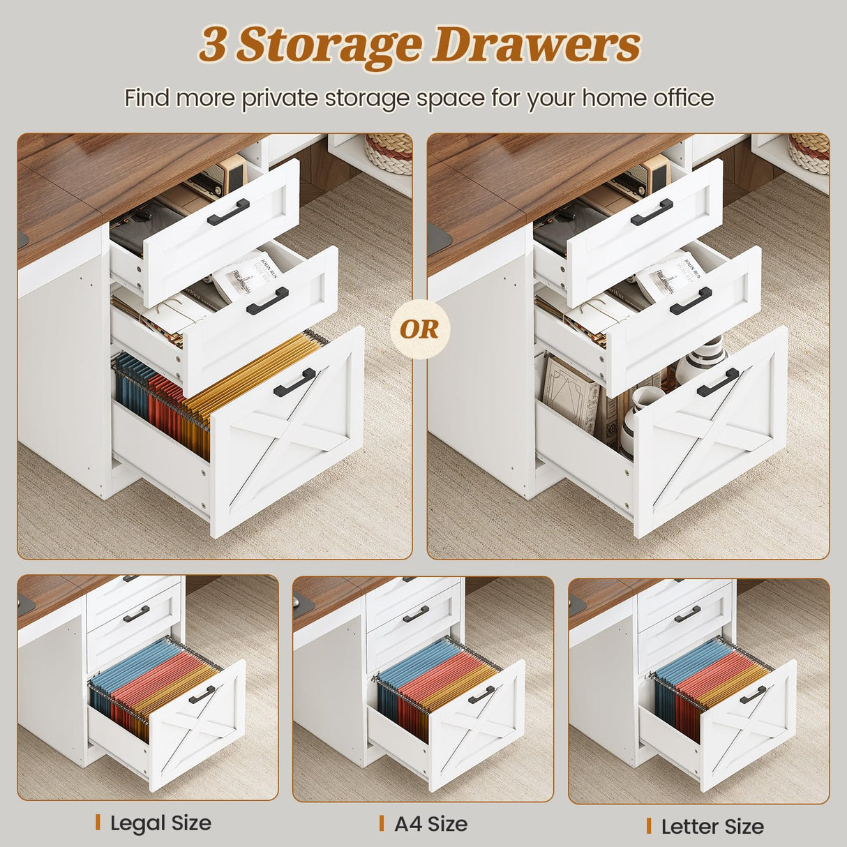 SEDETA Farmhouse 96.5" Computer Desk with Drawers, 2 Person Home Office Desk, Gaming Double Desk with Storage Shelves, Long Two Person Writing Desk (White and Brown) SEDETA