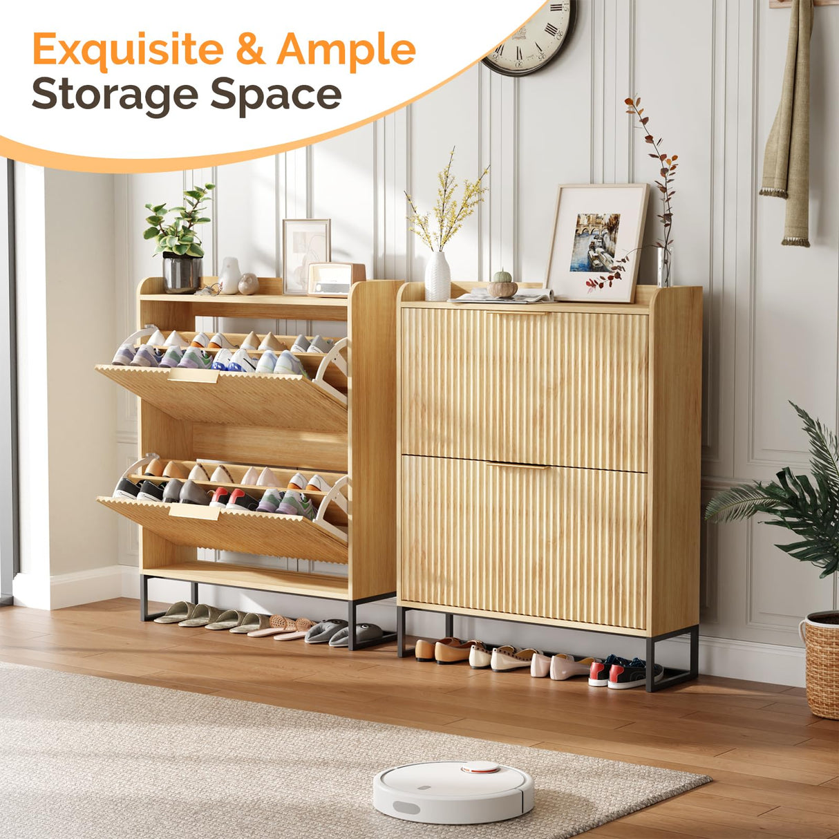 VINGLI Fluted Shoe Cabinet Storage for Entryway,Hidden Shoes Storage Cabinet with 2 Flip Drawers, Mid Century Modern Shoe Rack Organizer,Free Standing Shoes Organizer for Hallway(Natural Oak) VINGLI