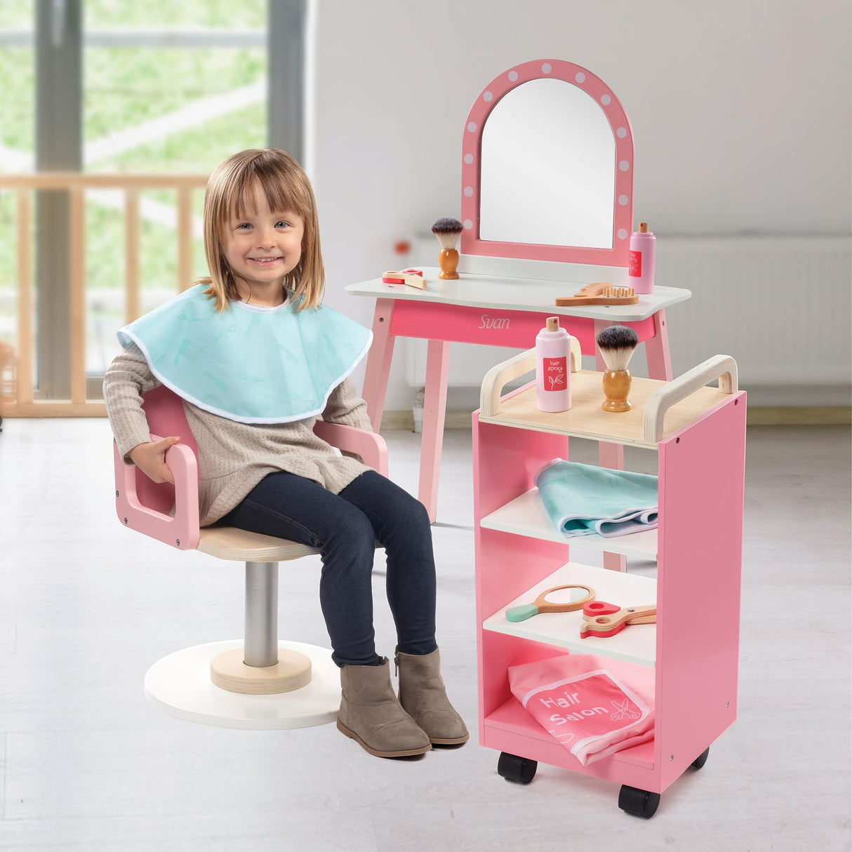 Pretend Hair Salon Wooden Play Set - Full Vanity Mirror Playset w Chair & Rolling Cart- Includes Blow Dryer, Brush, Styling, Cutting Tools & More - Hair Dresser Stylist Fun, Beauty Care for Girls Kids Svan