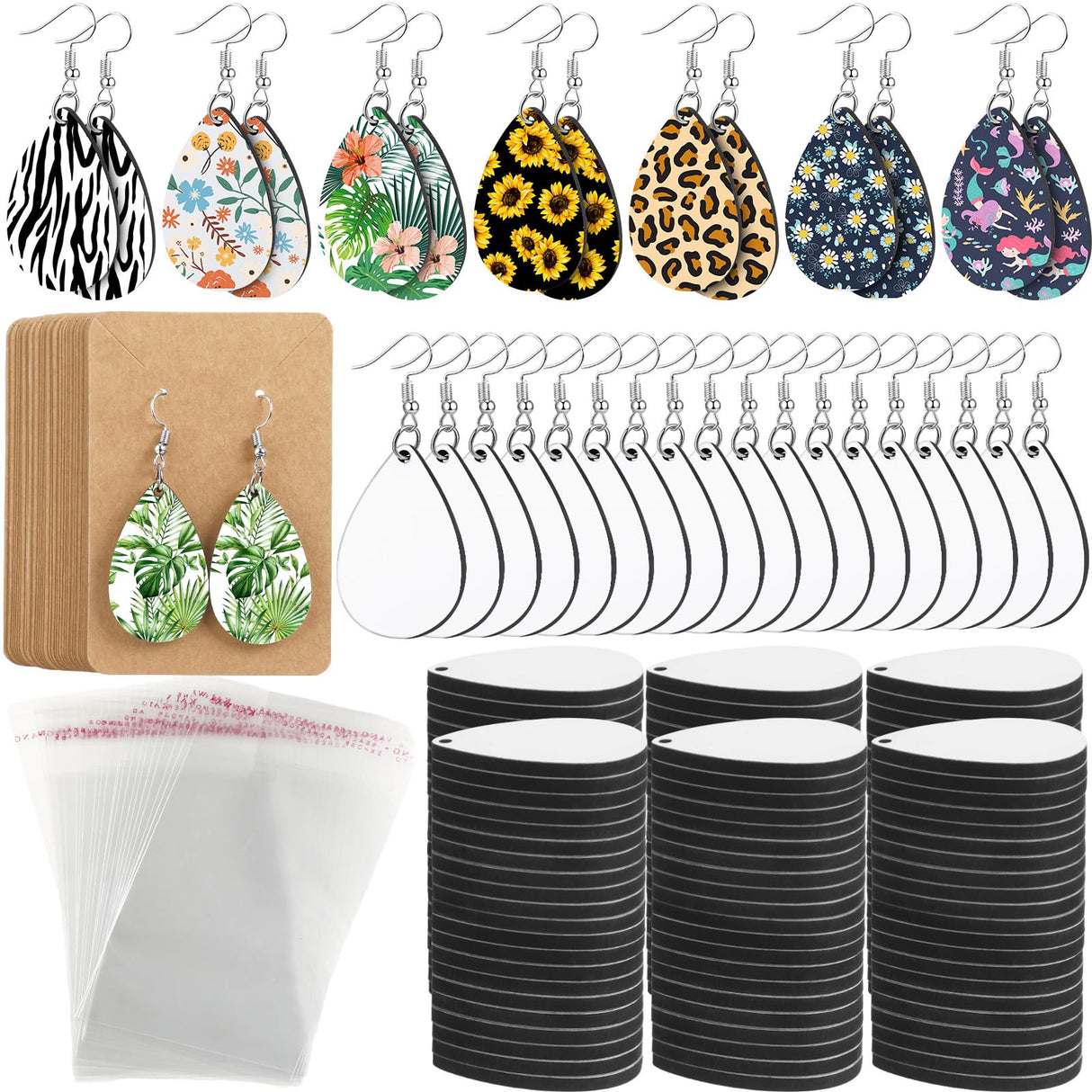 Riceshoot 800 Pieces Sublimation Earring Blanks Bulk with Earring Hooks, Jump Rings, Ear Plugs, Earring Cards Holder and Transparent Packaging Bags Unfinished MDF Earrings for DIY Making (Teardrop) Riceshoot