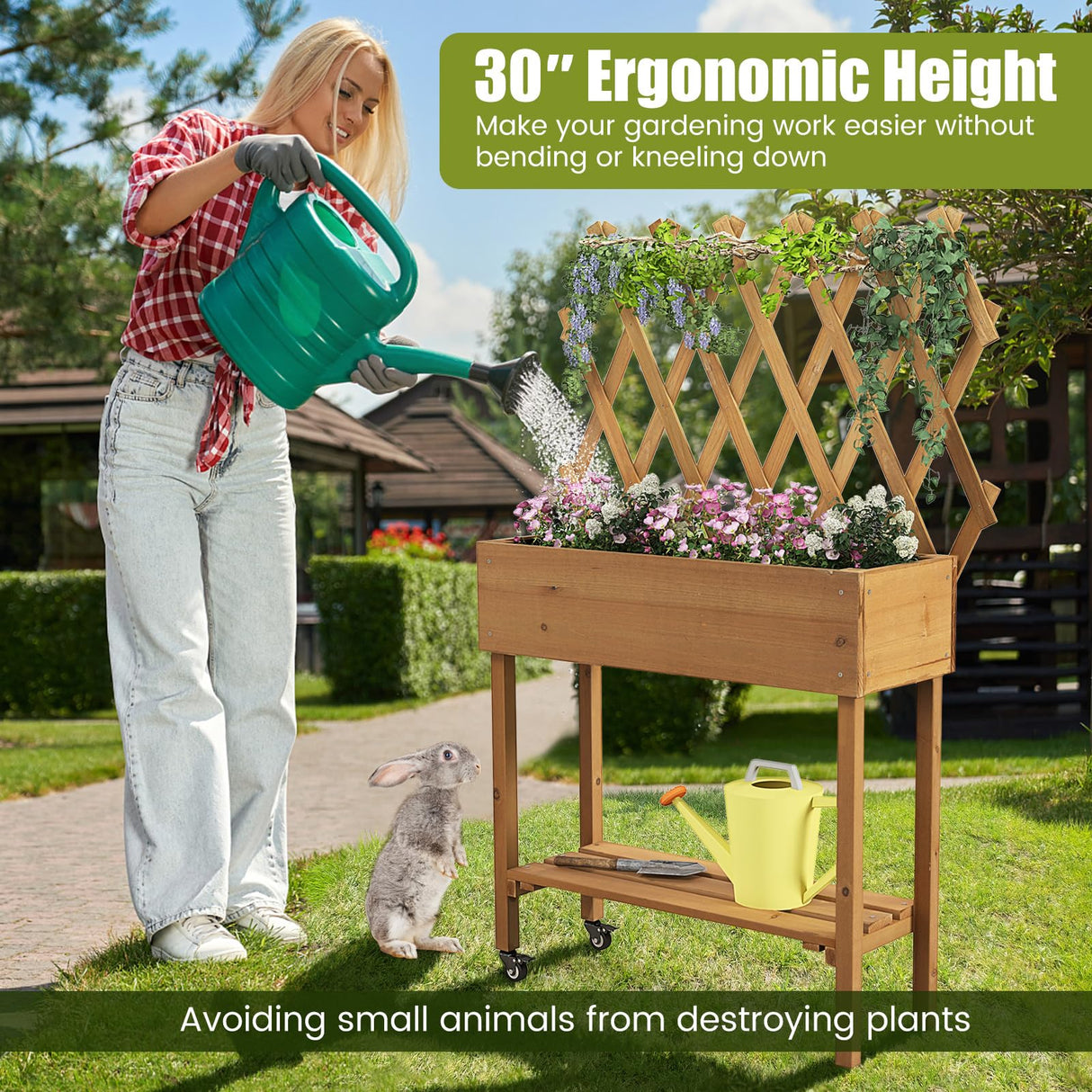 Toolsempire Raised Garden Bed with Trellis, Fir Wood Elevated Planter Bed with Legs, 2 Lockable Wheels & Storage Shelf, Wooden Planter Box Raised Bed for Gardening, Backyard, Balcony & Greenhouse Toolsempire