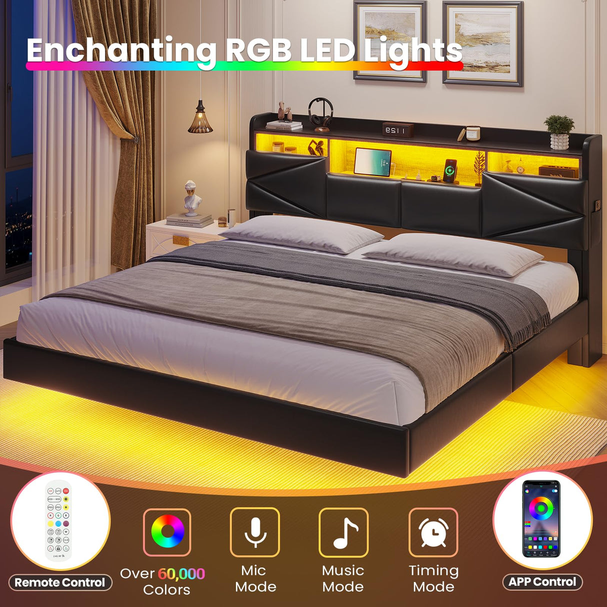 ADORNEVE King Size Floating Bed Frame with LED Lights, Storage Headboard, and Charging Station in PU Black ADORNEVE