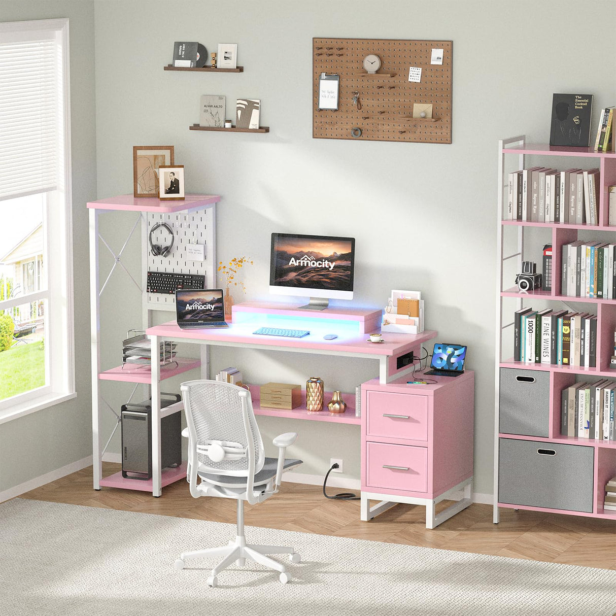 Computer Desk with 2 Fabric Drawers - Reversible Home Office Desk with Power Outlet & LED Lights, 53" Writing Desk with Monitor Stand & Storage Shelves, Gaming Desk Study Table with Pegboard, Pink armocity