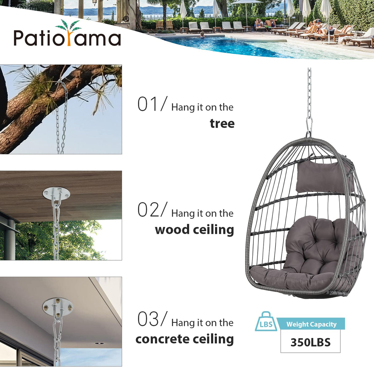 Patiorama Indoor Outdoor Egg Swing Chair Without Stand, Patio Wicker Rattan Hanging Chair w/Cushion, 350lbs Capacity, All Weather Foldable Hammock Chair Basket Chairs for Bedroom, Porch (Dark Grey) Patiorama