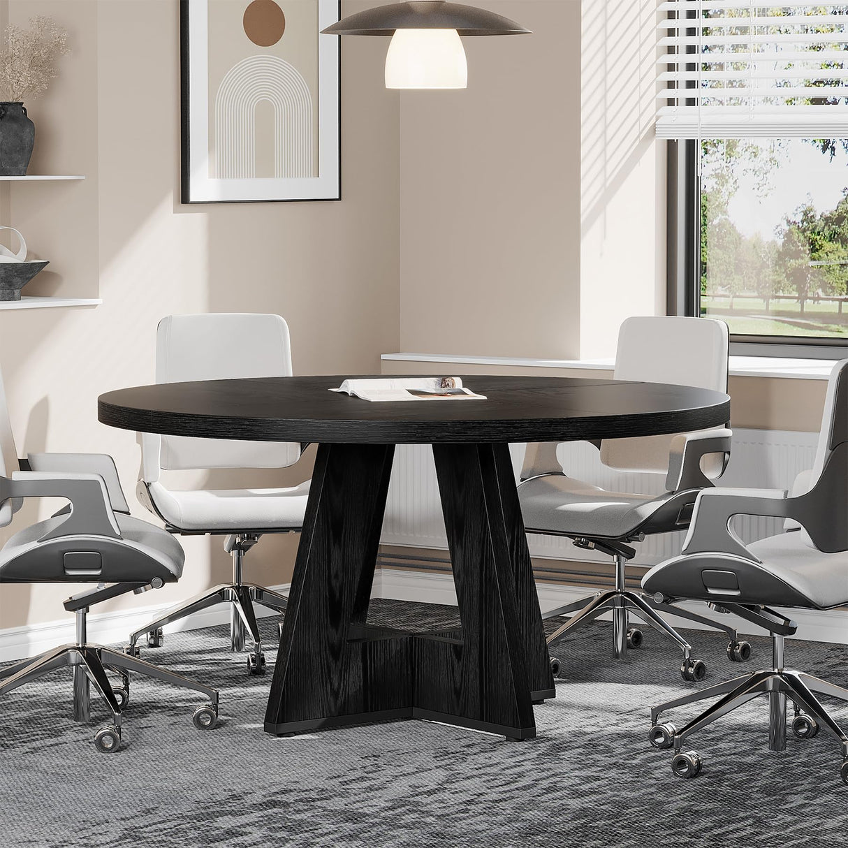 Tribesigns 47-Inch Round Conference Table for 4-6 People, Wooden Meeting Room Table with Thicken Tabletop and Wood Base (Black) Tribesigns