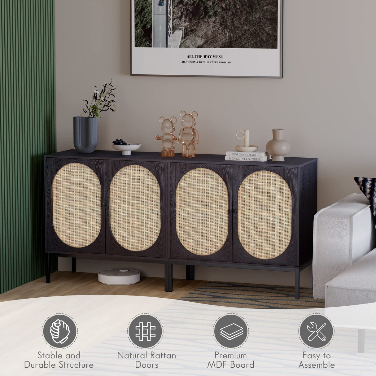 Yechen Set of 2 Sideboard Storage Cabinet with Handmade Natural Rattan Doors, Rattan Cabinet Buffet Cabinet Console for Living Room Dining Room, Black(Oval) Yechen