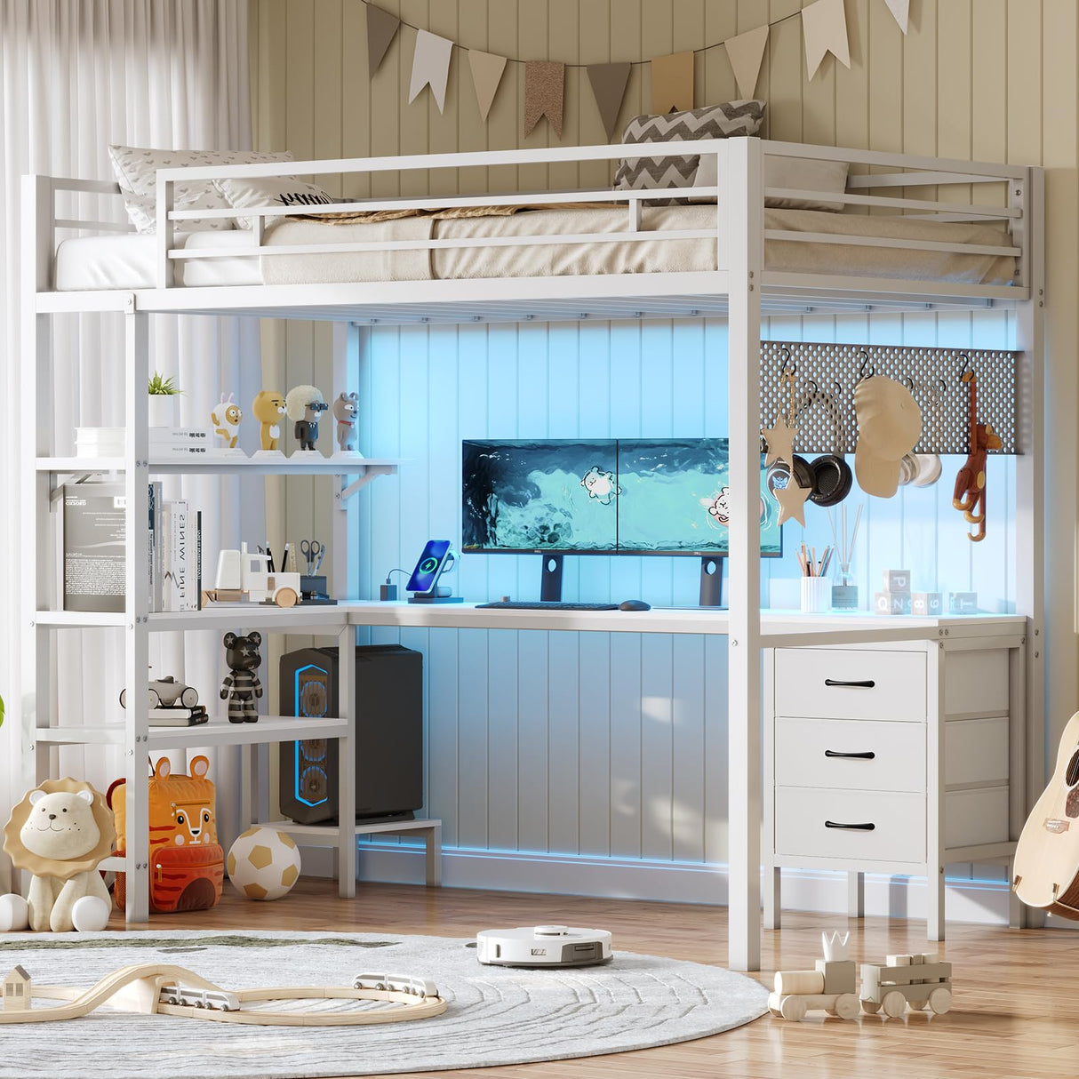 BTHFST Loft Bed Twin Size with L-Shape Desk & RGB LED Lights & Charging Station, Twin Bunk Bed with Fabric Drawers & Shlves, 13.4'' H Safety Guardrail, Noise Free, No Box Spring Needed BTHFST