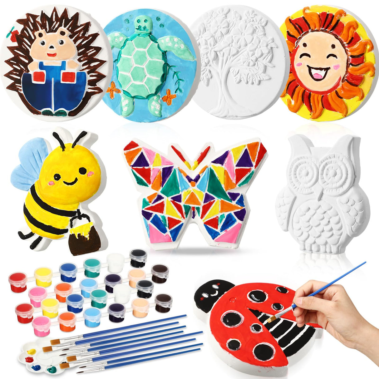 HyDren 8 Pcs Paint Your Own Plaster Stones, Summer Arts and Crafts Painting Kit Outdoor Garden Creative Project DIY Personalized Art Supplies Include Paint Palette Brush Xmas Birthday Gift(Animal) HyDren