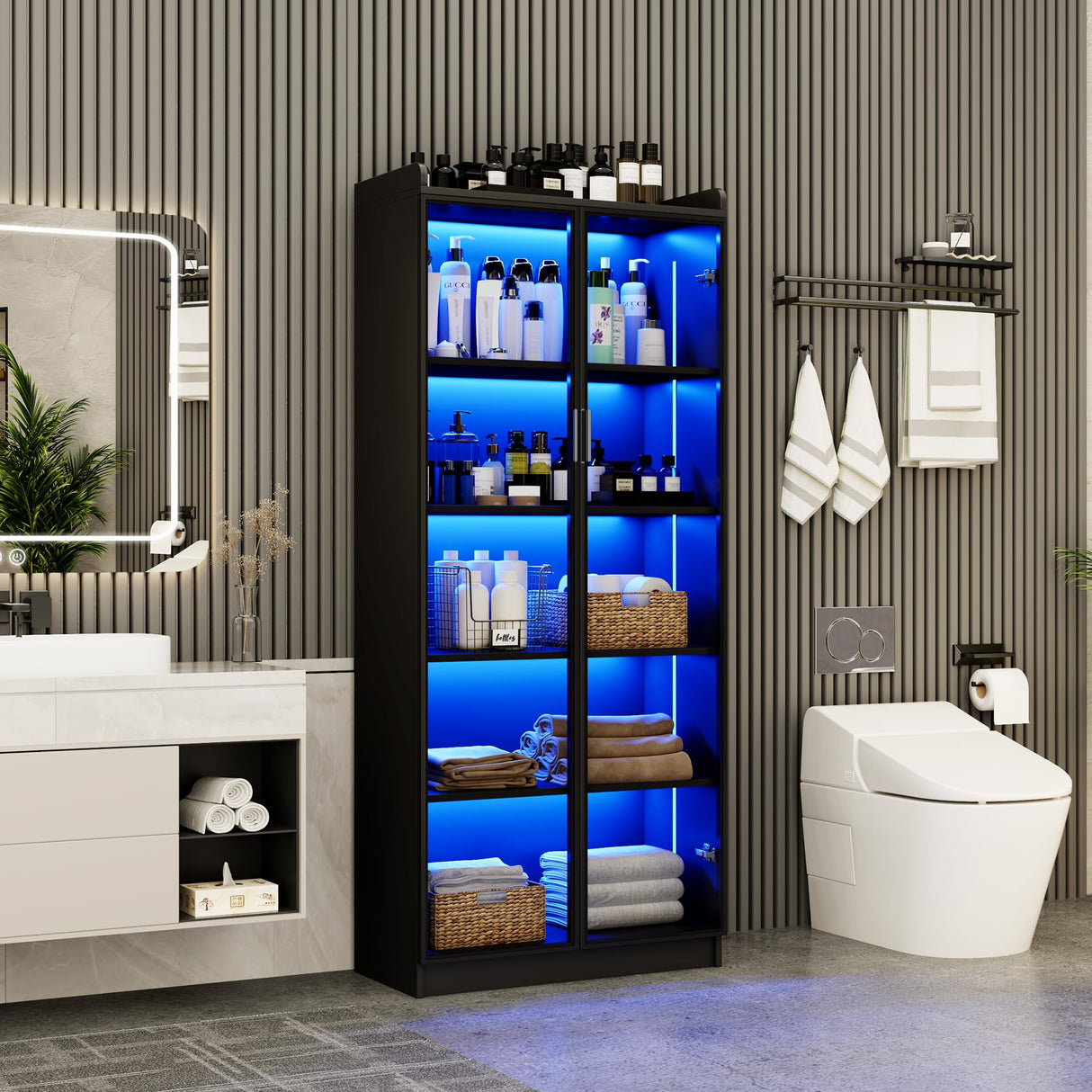 Display Cabinet with Doors and Adjustable Shelves, 65" Tall Bookcase with LED Lights/Human Sensor, 5 Tier Display Case for Collectibles Bedroom Living Room Office, Black - Smoked Black Door Dystler