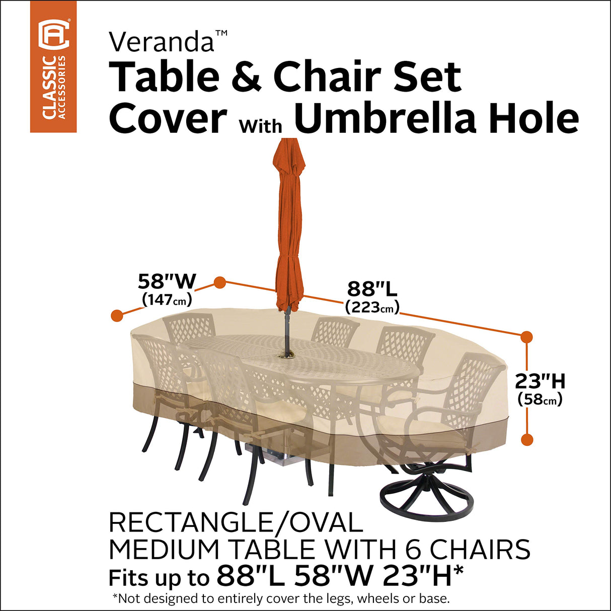 Classic Accessories Veranda Water-Resistant 88 Inch Rectangular/Oval Patio Table & Chair Set Cover with Umbrella Hole, Outdoor Table Cover Classic Accessories