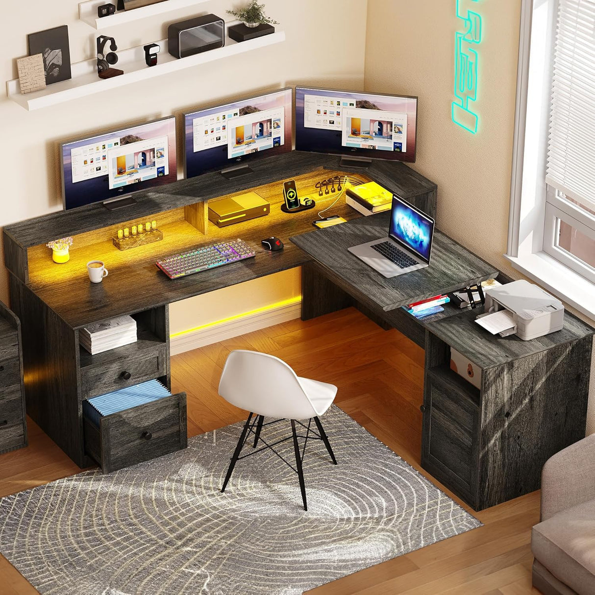 YITAHOME L Shaped Desk with Power Outlets & LED Lights, 60” Corner Computer Desk with Drawers & Lift Top, Home Office Desk with Monitor Stand & File Cabinet, Wood Height Adjustable Desk, Grey YITAHOME