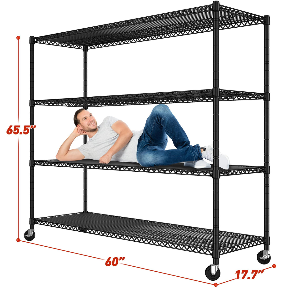 REIBII 60''W Storage Shelves 2399LBS Metal Shelving Unit with Wheels & Feet, 4 Tier Garage Shelving Heavy Duty Adjustable Wire Shelf for Pantry Kitchen Garage, 60" W x 18" D x 65.5" H, 2 Pack REIBII