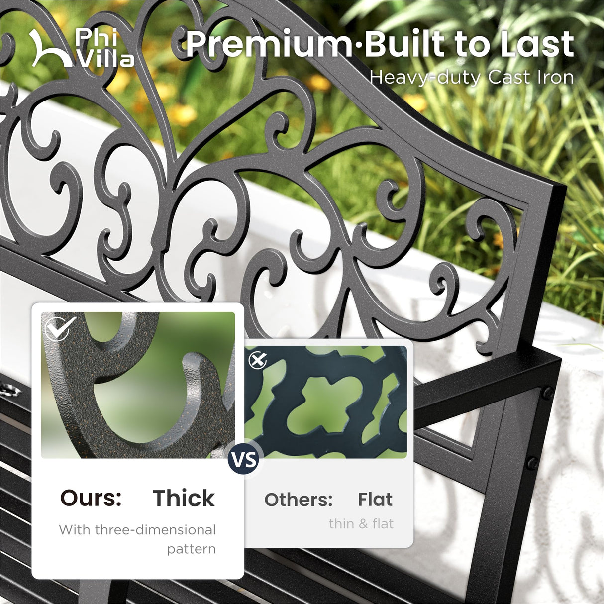 PHI VILLA 43 Inch Cast Iron Steel Frame Outdoor Garden Bench, Patio Furniture Chair Bench w/Floral Design Backrest, Slatted Seat for Park, Yard, Porch - Black PHI VILLA