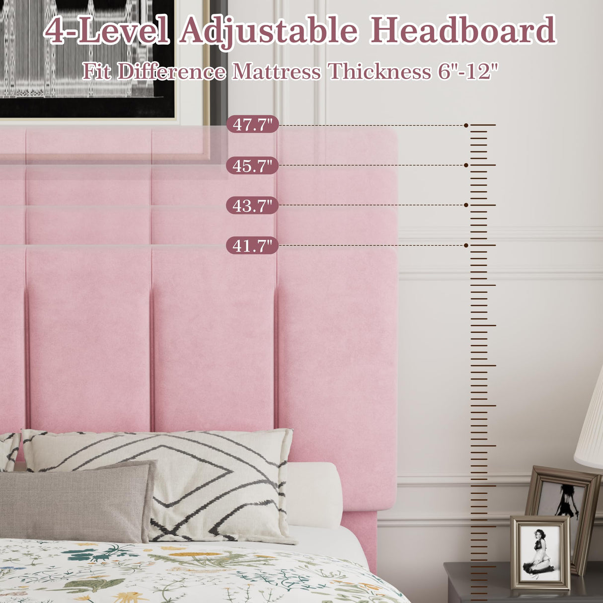 VECELO Full Bed Frame with Upholstered Headboard, Heavy-Duty Platform Bedframe with Strong Wooden Slats Support, No Boxing Spring Needed, Pink VECELO