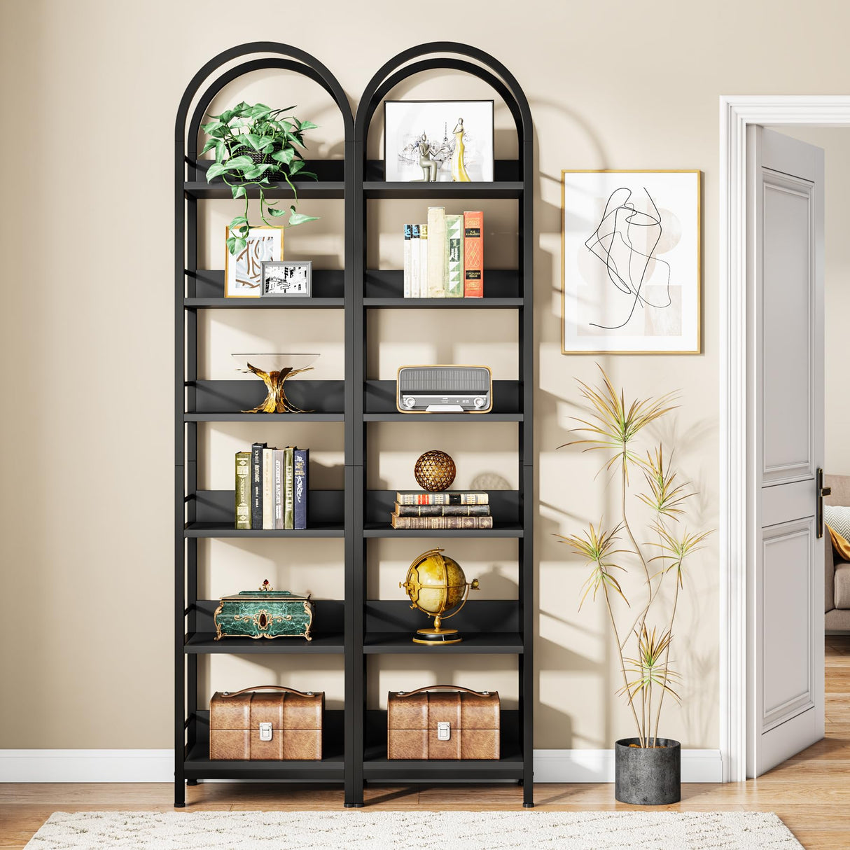 Tribesigns 78.7" Arched Industrial Wood 6-Tier Bookshelf with Metal Frame - Black Storage Organizer Tribesigns