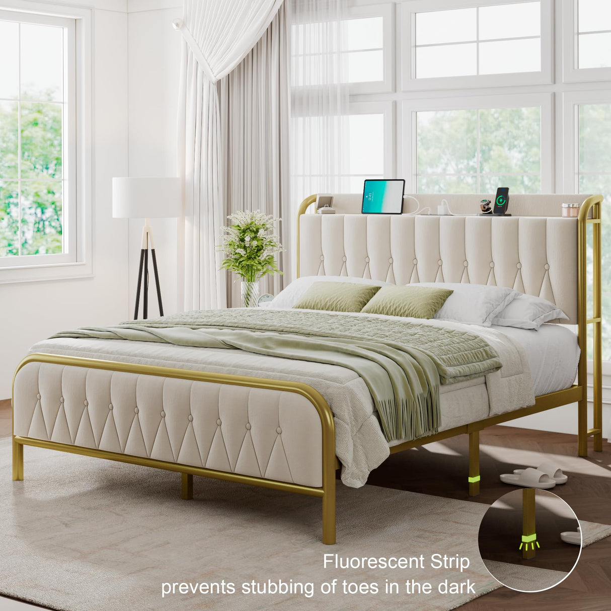 Feonase Velvet Queen Bed Frame with Fast Charging Station,Metal Platform Queen Size Beds with Upholstered Headboard & Footboard,12" Underbed Storage Space,Easy Assembly,Gold&Beige Feonase