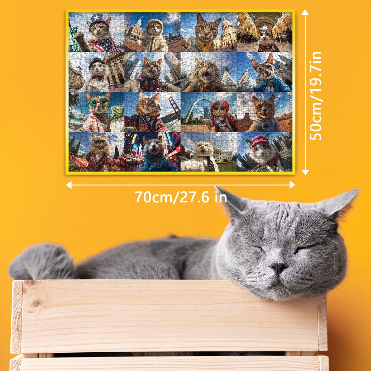 Funny Cat Art Puzzles for Adults 1000 Pieces, Nature Travel Kitten US Landmarks Jigsaw Puzzles, Animal Landscape Collage Scenic Puzzle IdeaBazar