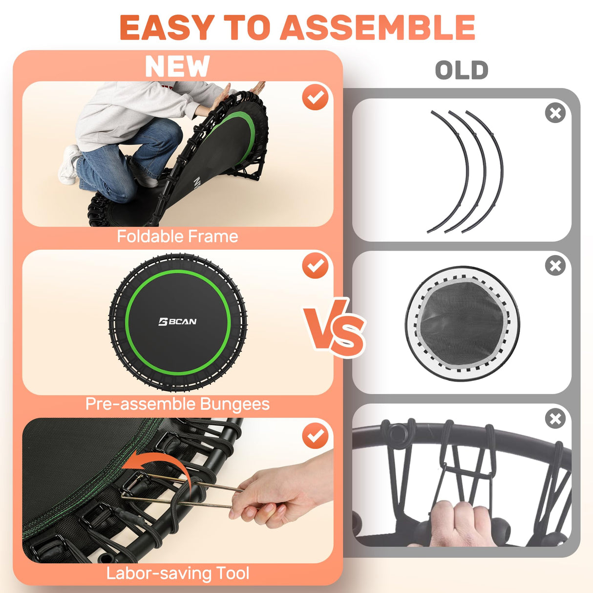 BCAN Adult Mini Trampoline, 40" Fitness Trampoline with Bungees, U Shape Adjustable Foam Handle, Stable & Quiet, Indoor Outdoor Workout-Green BCAN