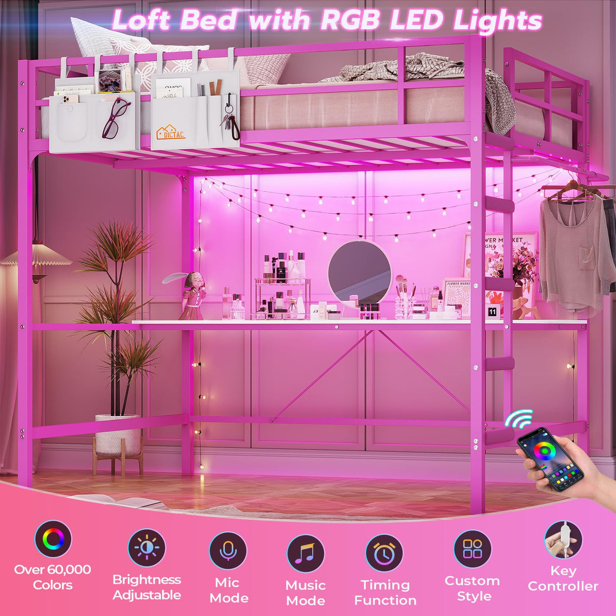 DICTAC Loft Bed Full Size with Desk and Led Lights Metal Full Loft Bed with Power Outlet Full Size Bed Frame with Top Bunk and Safety Guard & Ladder, Space-Saving,No Noise,No Box Spring Needed, Pink DICTAC