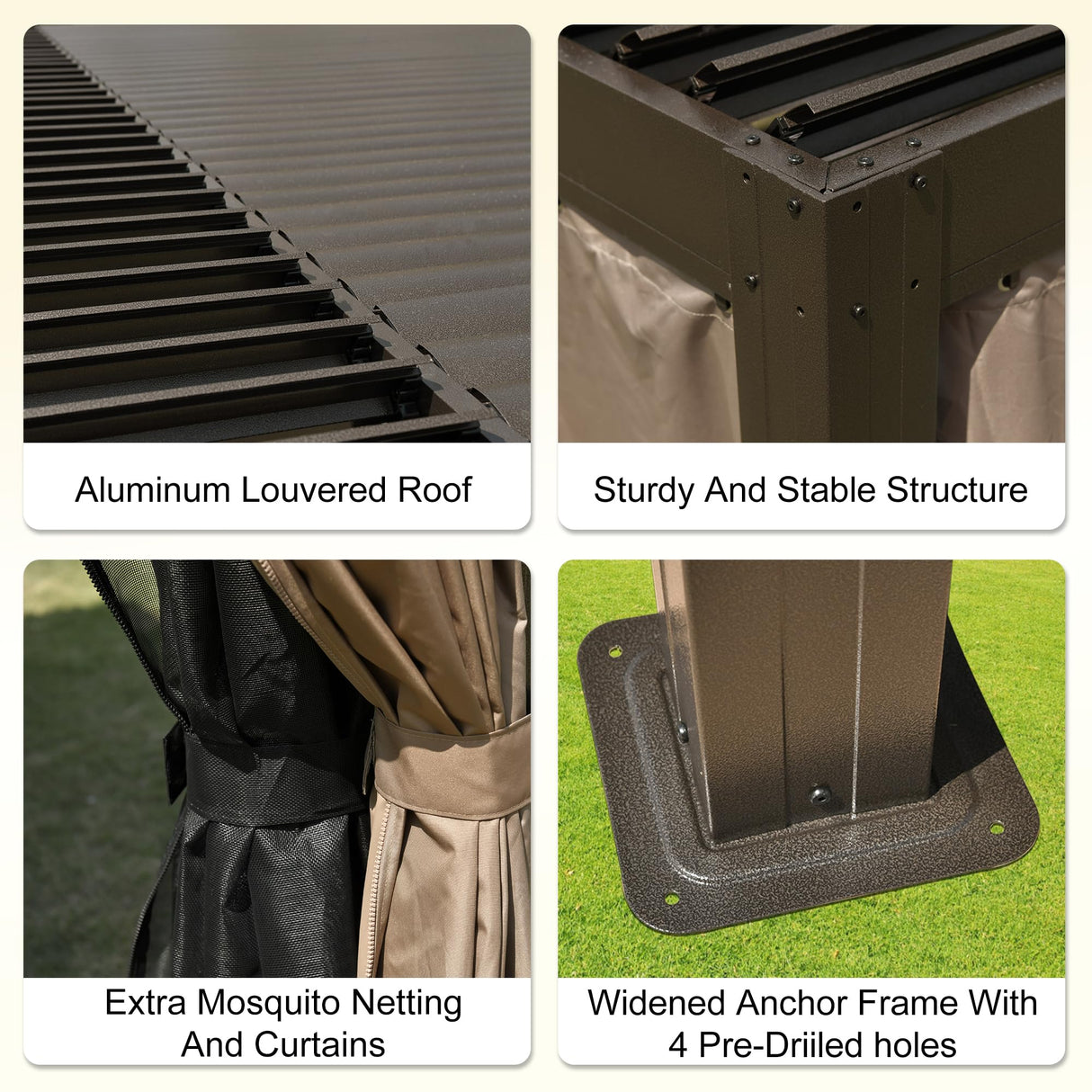 Domi 12x16FT Louvered Pergola, Full Aluminum Pergola with Adjustable Louvered Roof, Outdoor Pergola with Waterproof Curtains and Netting, Dark Brown domi outdoor living