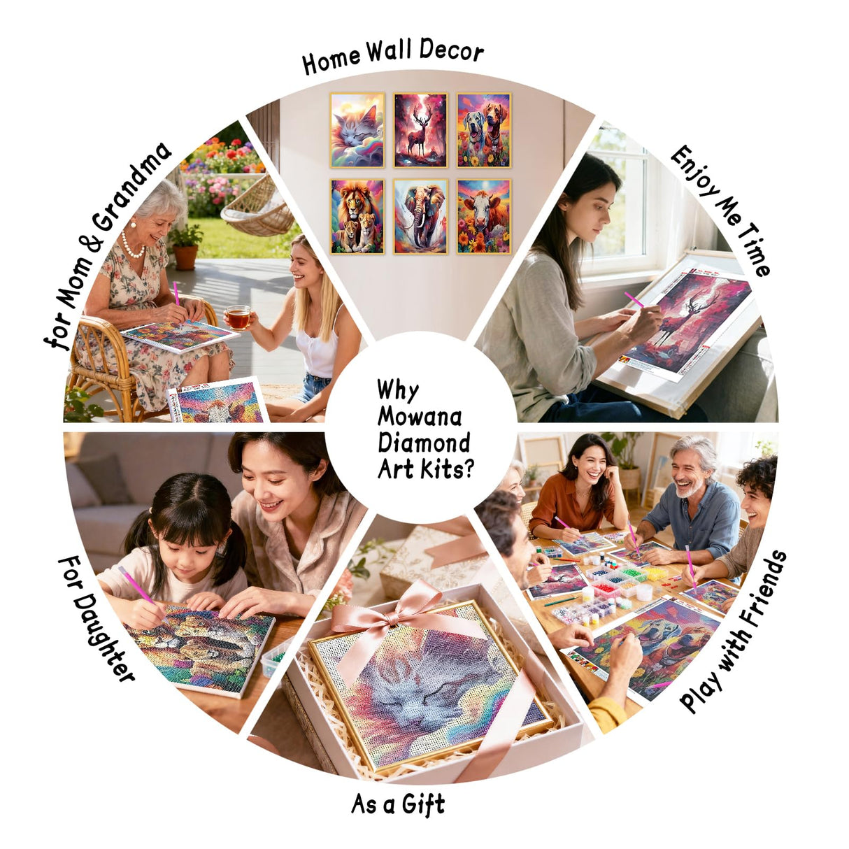 Mowana Diamond Art Kits for Adults - 6 Pack Animals Cat Dog Lion Elephant Deer Cow Diamond Painting Kits for Beginners, 5D DIY Full Drill Gem Art Painting for Home Wall Decor and Gifts 12x16inch Mowana