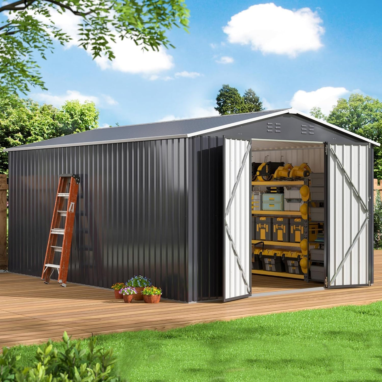 WKM 10x14 FT Outdoor Storage Shed, Utility Metal Tool Storage with Lockable Doors and Updated Frame Structure, Metal Garden Shed for Backyard, Patio Lawn, Black WKM