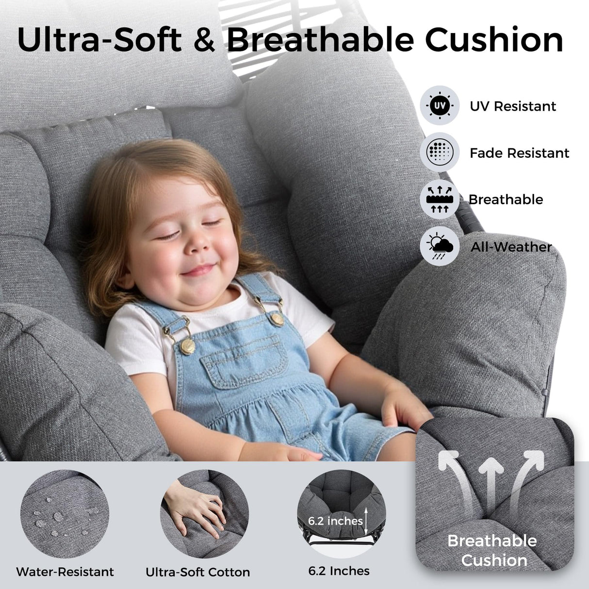 IRONCK Wicker Outdoor Egg Chair with Ottoman, Patio Lounge Chair with Footrest, Thickened Padded Cushion and Headrest, Egg Seat for Patio, Living Room, Garden, Balcony, Dark Gray IRONCK