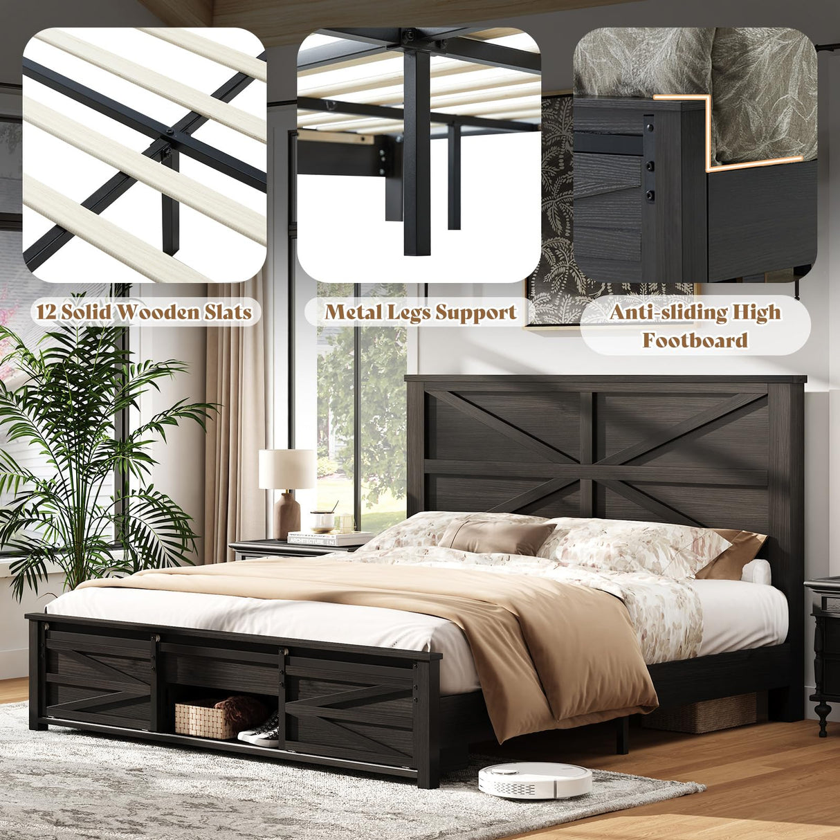 LUXOAK Farmhouse Queen Size Bed Frame with Sliding Barn Door Storage, 49" Tall Headboard Wood Bed Frame, Rustic Platform Bed Frame Wooden Slats & Metal Support, No Box Spring Needed, Deep Brown LUXOAK