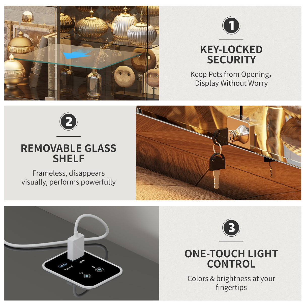 HNEBC Lockable Display Curio Cabinet with Glass Door,47.2" W Glass Display Cabinet with 3 Color Lights for Collectibles,5-Tier Lighted Display Case with Human Sensor,Living Room,Black HNEBC