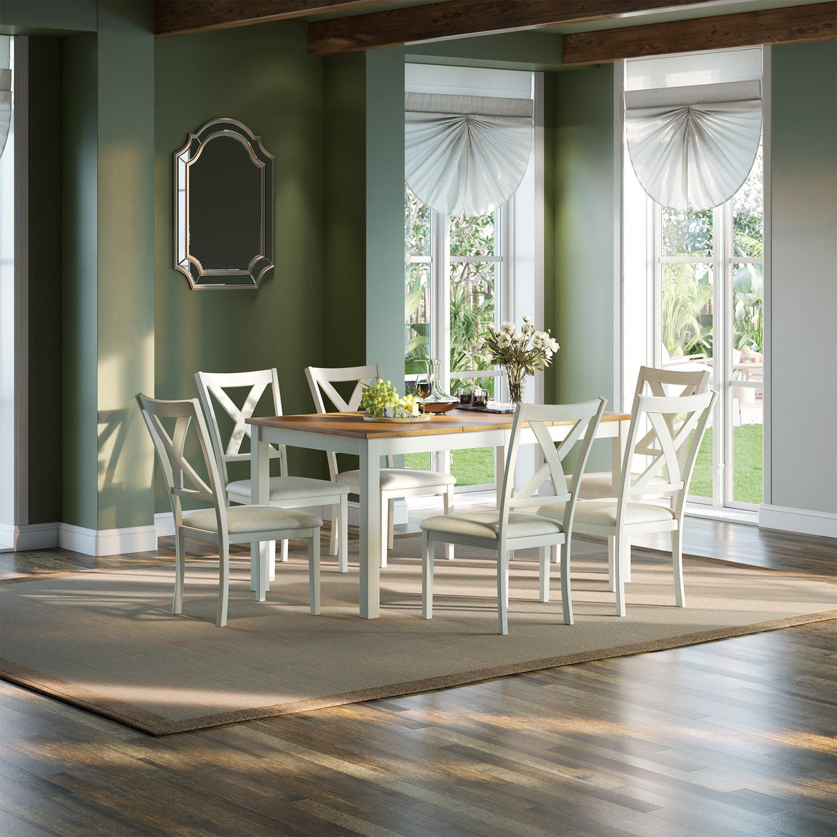 AMERLIFE 7-Piece Farmhouse Solid Wood Dining Table Set with 6 Upholstered Chairs, 60" Space Saving Dinner Table & Chairs Set, for Dining Room, Kitchen, Restaurant, Brown & White AMERLIFE