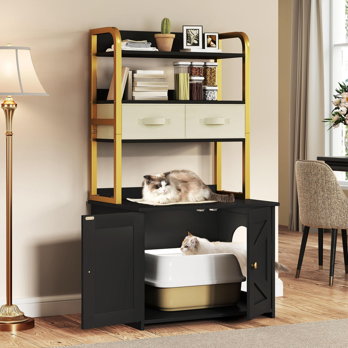 YITAHOME 27" Cat Litter Box Enclosure with Storage Shelves, Large Hidden Cat Litter Box Furniture with 2 Drawers & Soft Cusion, Wooden Hidden Cat Cabinet Washroom Corner, Black YITAHOME