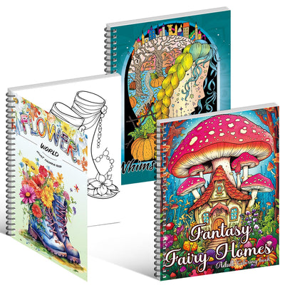Adult Coloring Books Set:3 Coloring Books for Flower World,Whimsical Universe,Fantasy Fairy Homes.Coloring Books for Adults to Relax and Relieve Anxiety