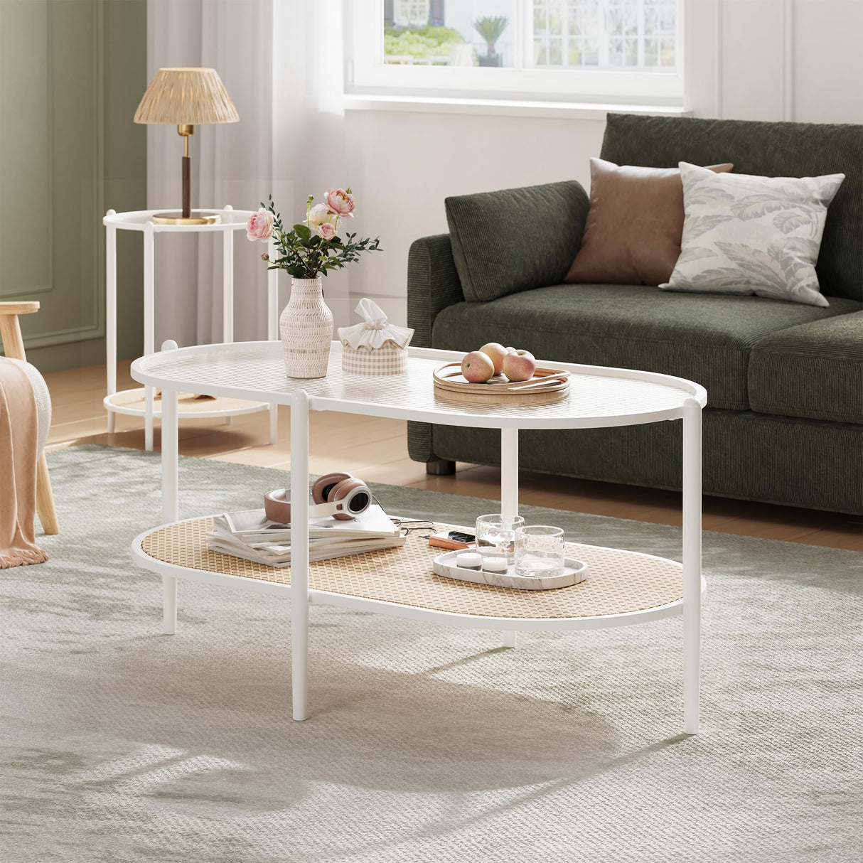 Boho Rattan Coffee Table with Glass Top, 2-Tier Oval Center Table with Metal Frame & Storage Shelf, Rustic Farmhouse Living Room Accent Tea Table for Apartment, Bedroom, Office White IDEALHOUSE