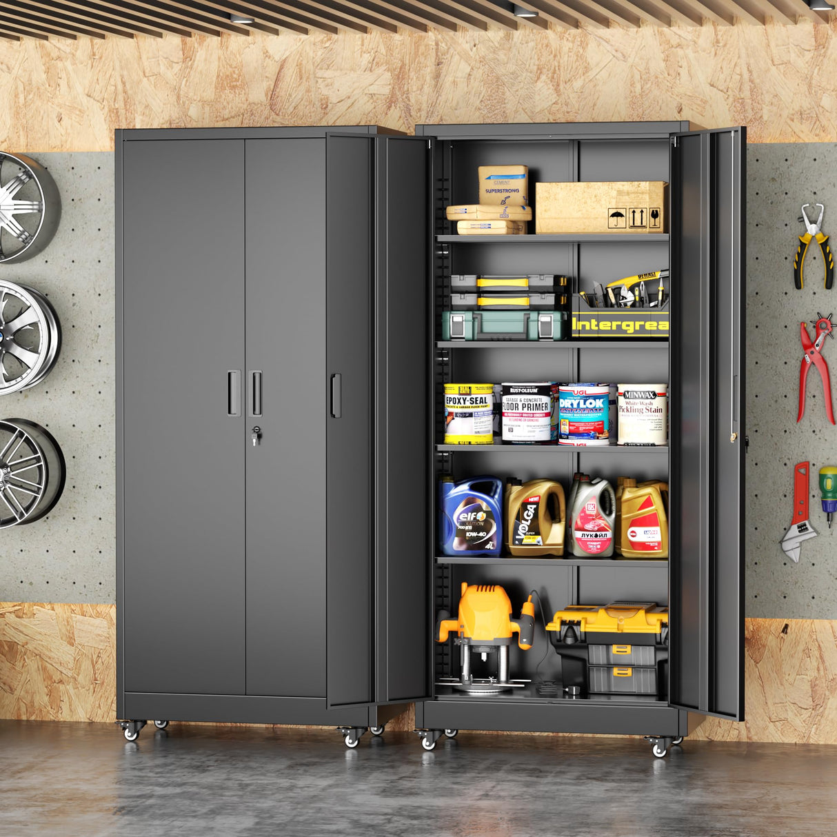 INTERGREAT Metal Garage Storage Cabinet with Wheels, Rolling Storage Cabinet with Locking Doors and 4 Adjustable Shelves,- 73" Steel Tool Cabinet for Home Office,Garage,Warehouse,Black INTERGREAT