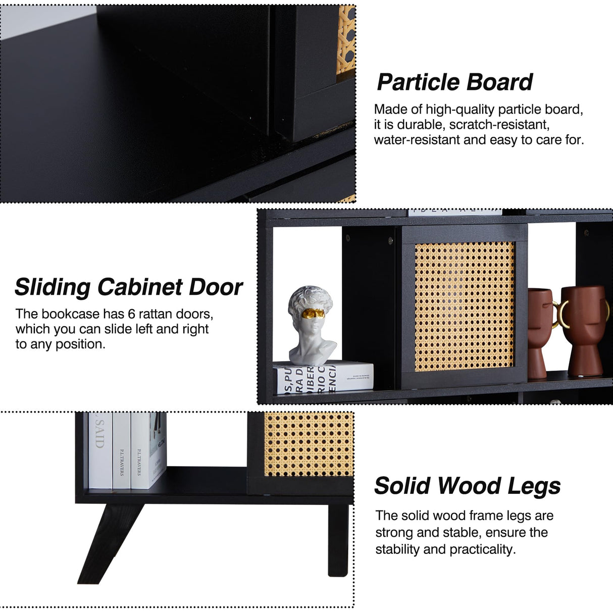 AVZEAR Kitchen Pantry Cabinet, 71” Farmhouse Solid Wood Storage Cabinet with Rattan Doors, Freestanding Storage Shelving Unit, Buffet Cupboards Cabinet for Kitchen Living Room (Black) AVZEAR